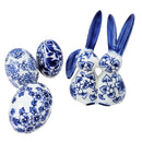 Kit 3 Ovos E Casal De Coelho Porcelana Azul E Branca Pascoa
