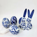 Kit 3 Ovos E Casal De Coelho Porcelana Azul E Branca Pascoa